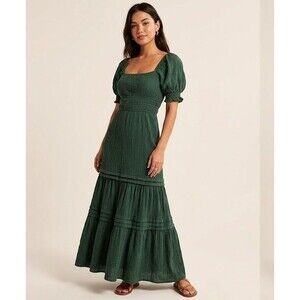 Max + Ash Boho Tiered Green Puff Sleeve Maxi Dress  Cottagecore sundress Small